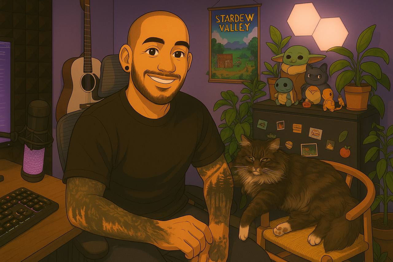 Caio Alcantara's workspace with lo-fi aesthetic featuring purple and pink lighting